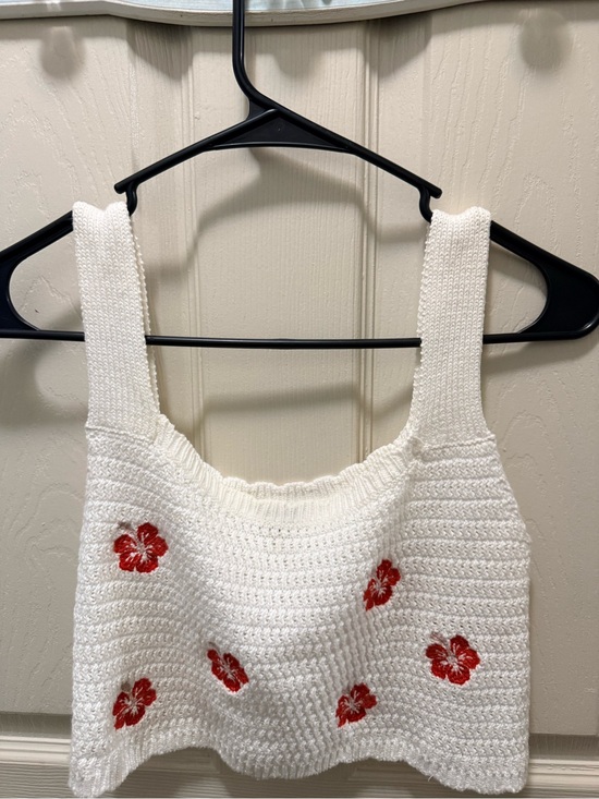 wild fable Tops - wild fable White Crocheted Knit Tank with Red Floral Detail